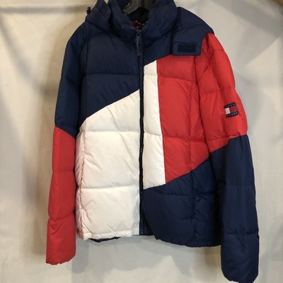 Tommy Hilfiger Down Puffer Jacket Mens Large Red Blue Colorblock Hooded Zip