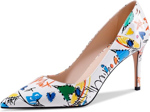Multicolor Pumps for Women,Pointed-Toe High Heels Dress 8.5, Multicolor-white