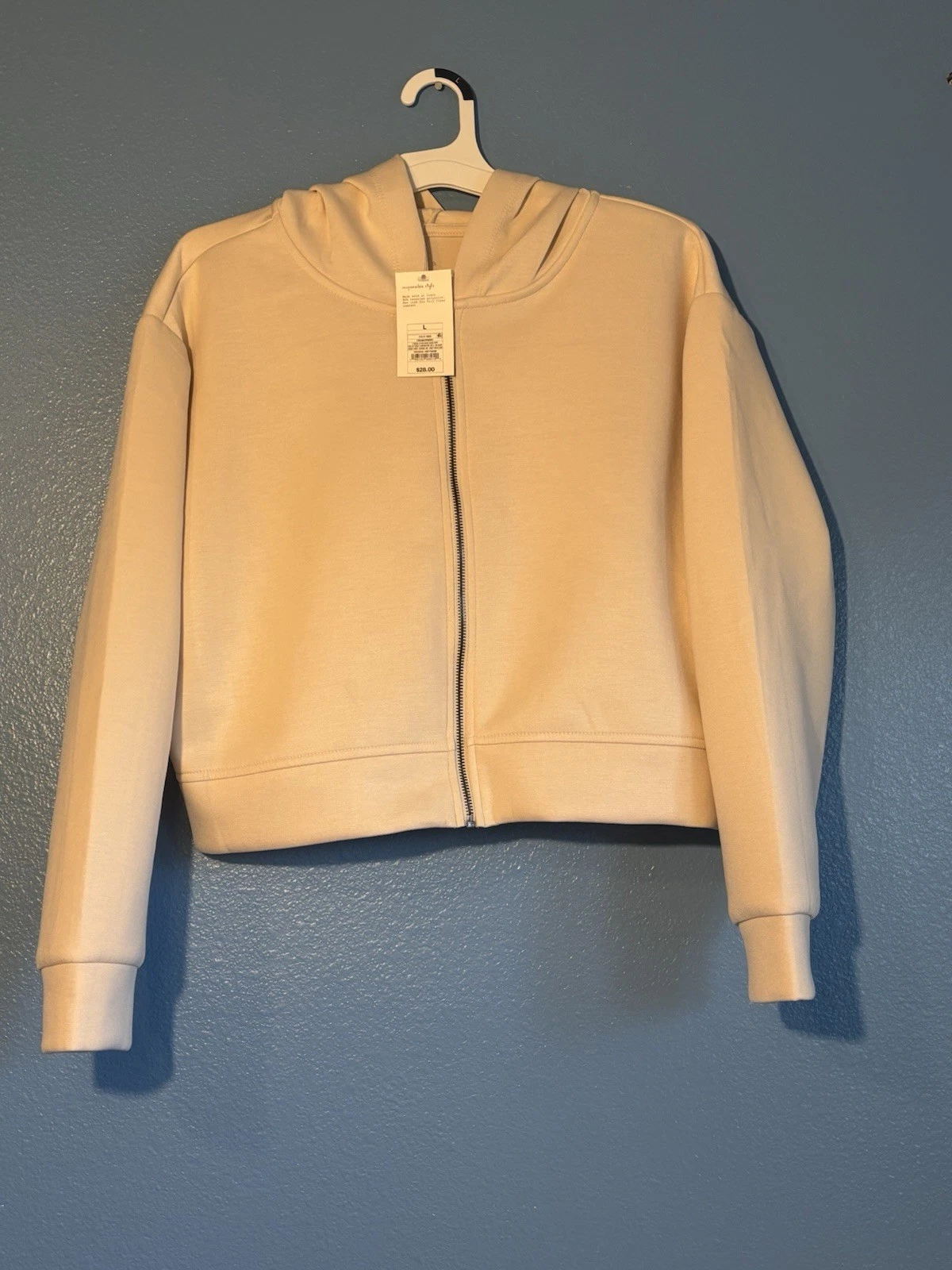 OFF WHITE Felpa con cappuccio e zip cropped donna A New Day colore panna nuova con etichetta grande morbida elasticizzata