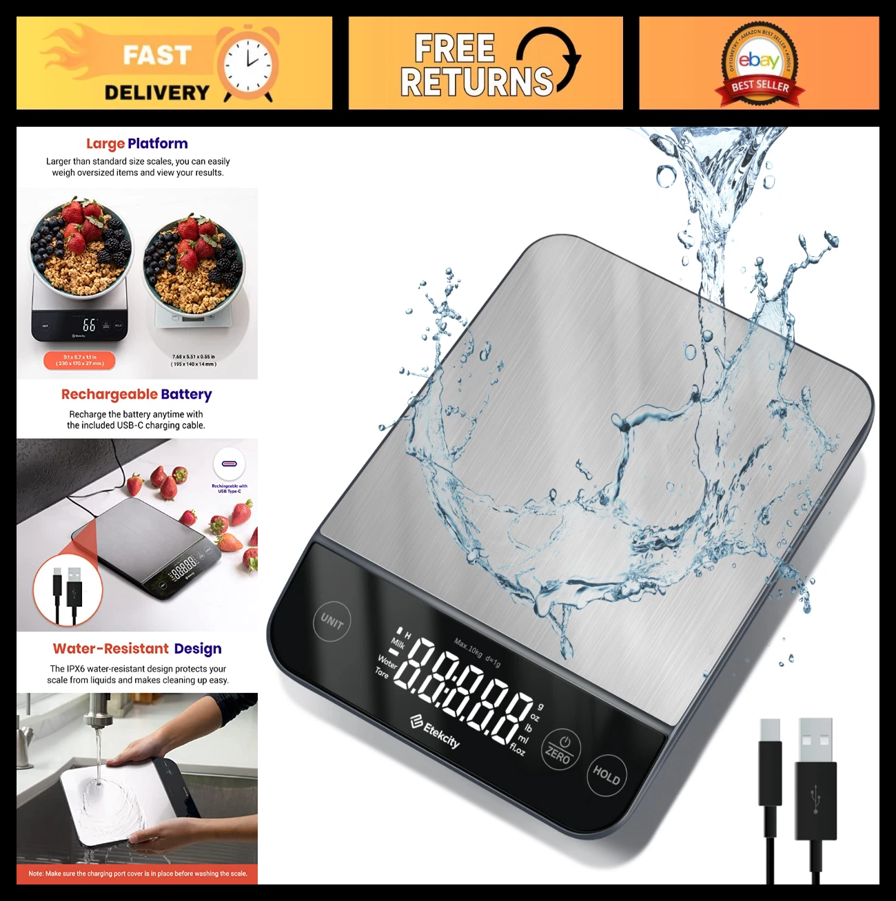 Digital Kitchen Scale - Grams & Oz, Waterproof, USB Rechargeable, 22lb Capacity,