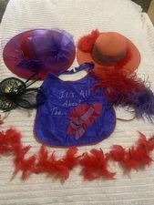 Red Hat Society 6 piece lot 2 hats 2 headbands 1 bib 1 feather boa preowned