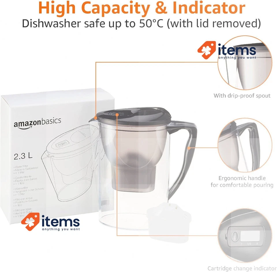 Amazon Basics 2.3L Water Filter Jug With 1x30 Days Cartridge, BPA Free, Black - Image 3 of 3