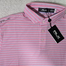 110 RLX Ralph Lauren Mens Large Pink Striped Polo Golf Shirt Cotton Blend L
