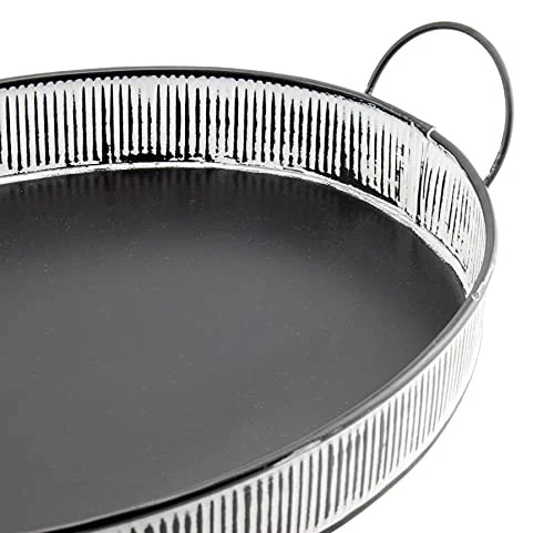 Boho Decorative Serving Tray, Distressed White Over Black Metal Tray - Image 4 of 4