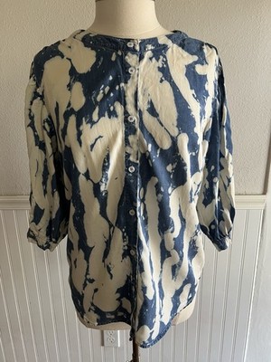 Billy T Women's Bleach Dyed Chambray Blouse 3/4 Balloon Sleeve Boho Blue White M