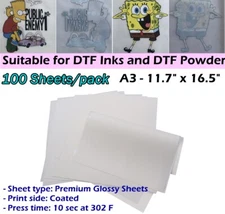 100/pack A3 11.7" x 16.5" DTF Transfer Film - Cold Peel - Premium Glossy