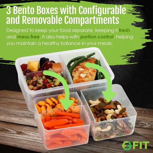 Contenedores de preparación de comidas para caja de almuerzo Bento (paquete de 3, 39 OZ) - 3 compartimentos extraíbles - Imagen 4 de 9