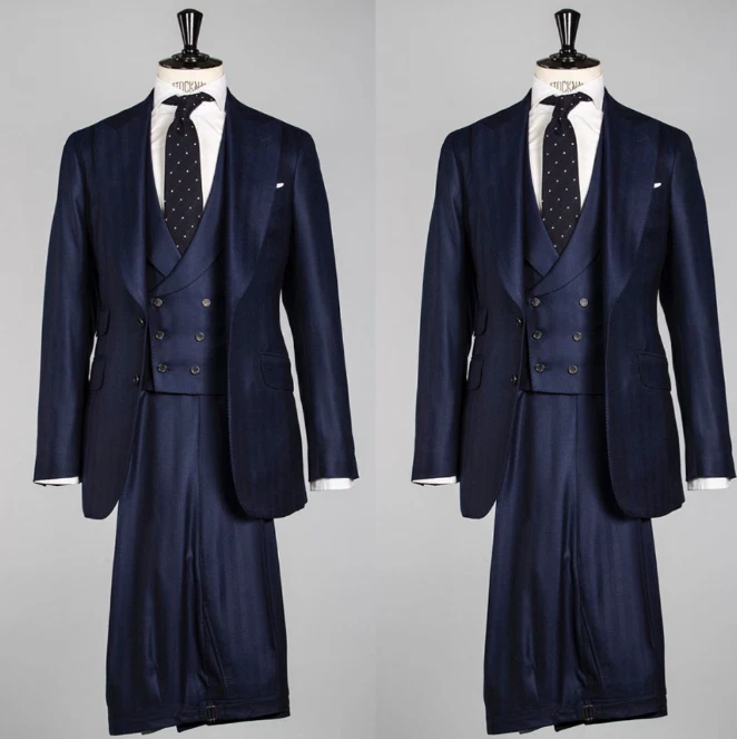 Traje de hombre azul marino solapa pico formal negocios boda novio esmoquin tres piezas Foto 3 de 4