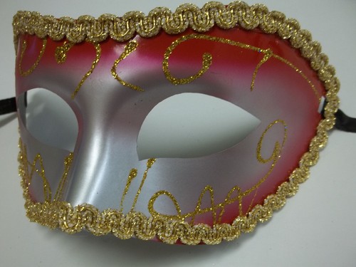 Red Gold Silver Wide Mardi Gras Masquerade Party Value Men Mask - Picture 2 of 3