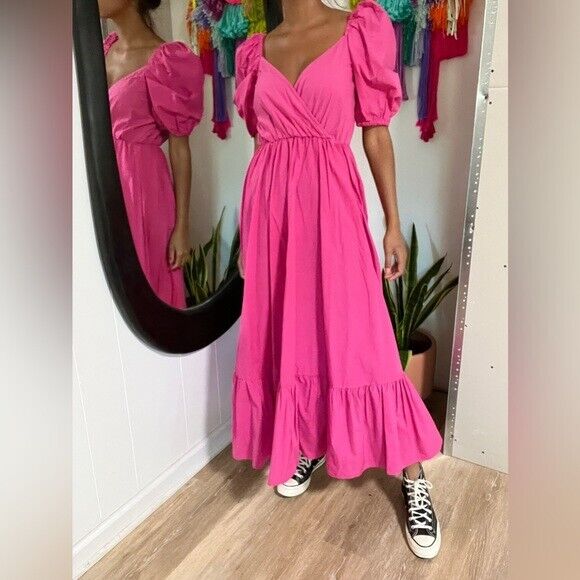 Zara Dark Fuchsia Hot Pink Midi Long Puff Sleeve Dress 3067 Zara Dark Fuchsia Hot Pink Midi Long Puff Sleeve Dress 3067