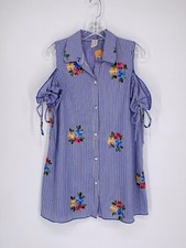 Now N Forever Blue White Striped Floral Embroidery Button Up Dress Women’s Sz S