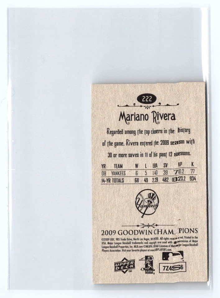 2009 Upper Deck Goodwin Champions Mini #222 Mariano Rivera Yankees - Image 2 of 2