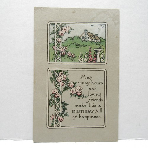 Postcard Vintage Birthday Celebration Flowers House Peaceful Illustration