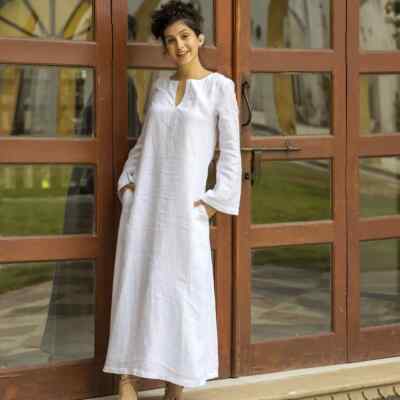 Long White Linen Kaftan Dress, Ankle Length Dress Lined with Cotton, Maxi With