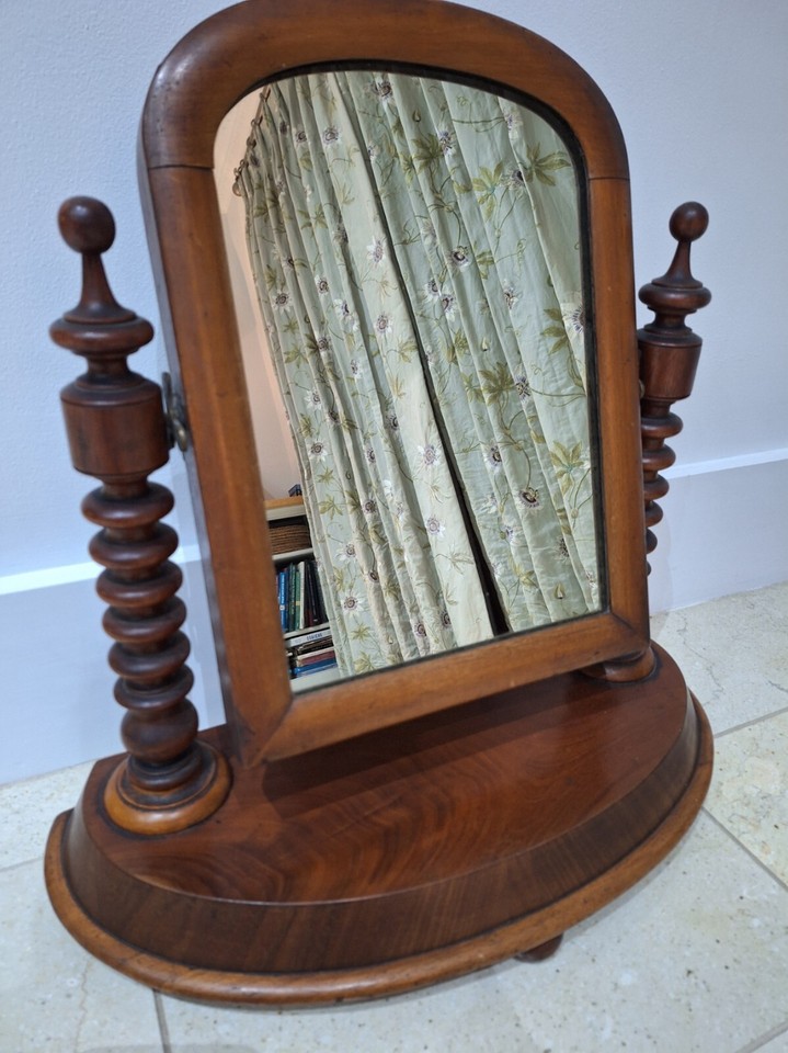 Vintage tilting wooden dressing table mirror, on wooden stand