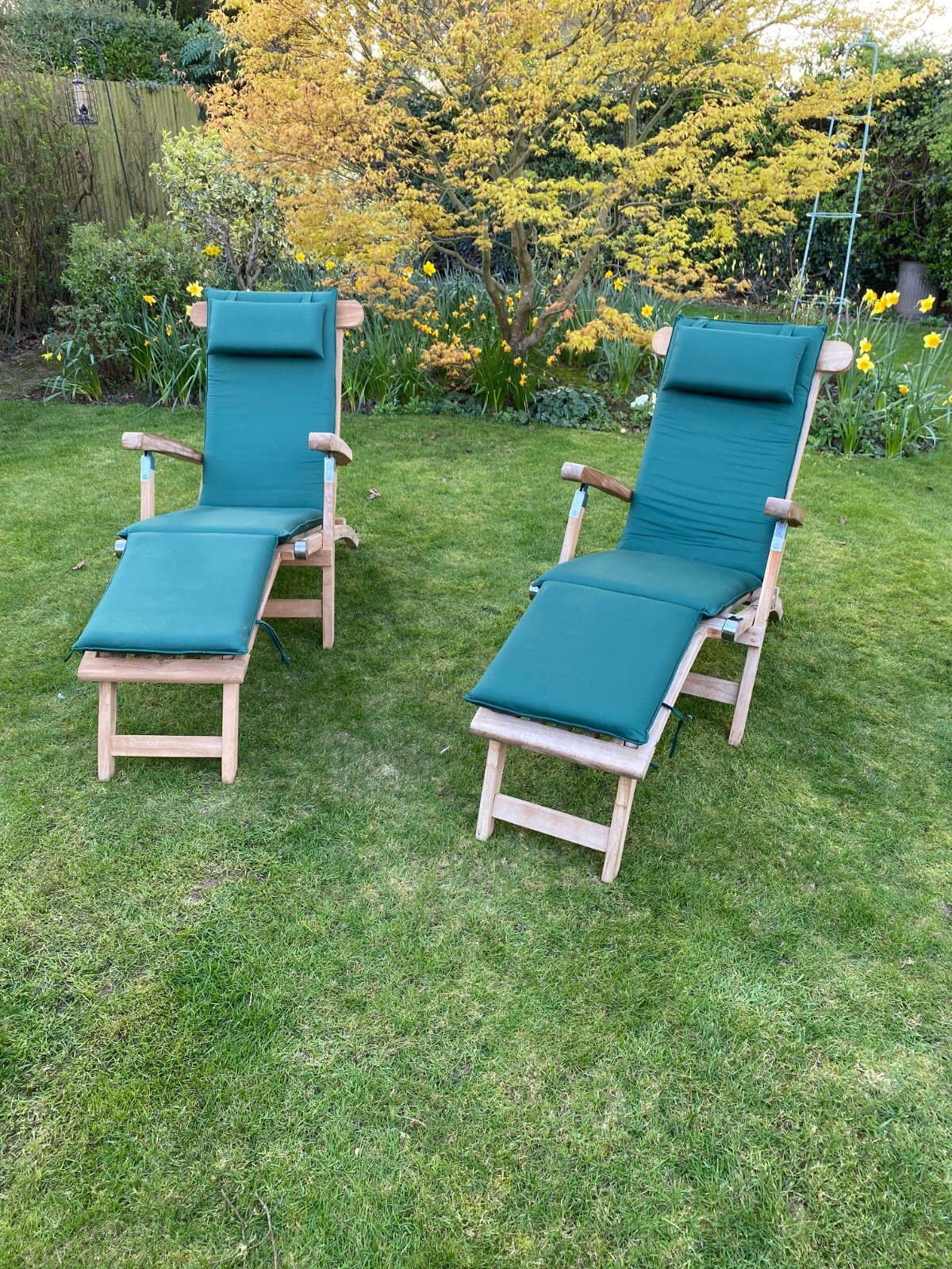 Pair of solid teak garden steamer chairs with footrests, green cushions