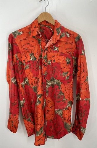 Pearl Snap Button Shirt Home Made? Red & Orange Roses Men’s Western SZ M ( Flaws