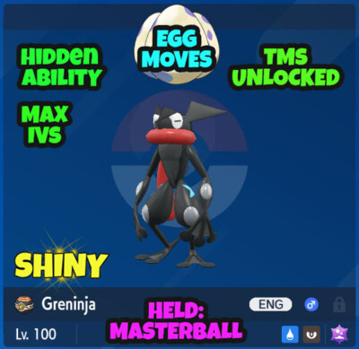 Pokemon Scarlet Violet - GRENINJA SHINY - Egg Moves/H Abilities/TMs/IVs