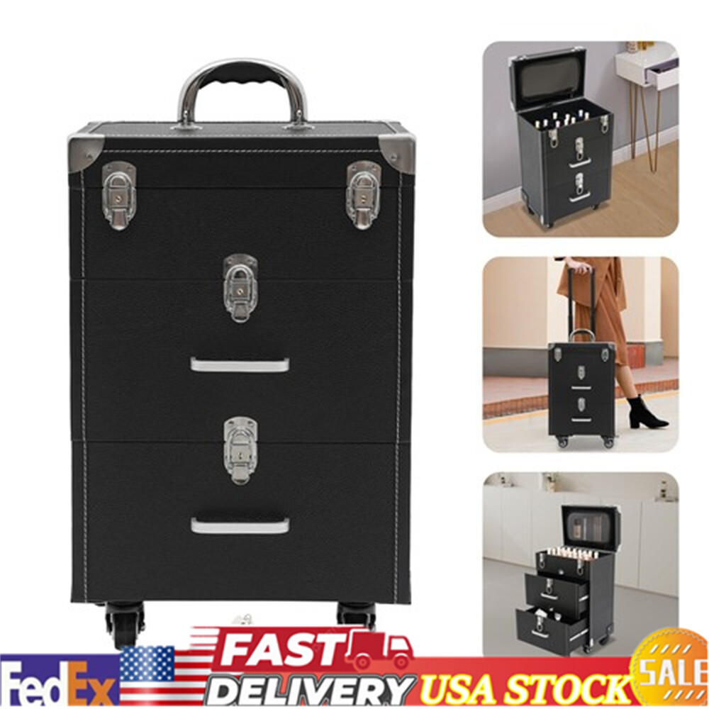 Portable Rolling Makeup Train Case for Nail Techs with Wheels