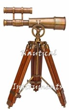 Marine Navy Double Barrel 10" Brass Telescope with Wooden Tripod Stand Nautical