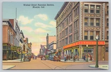 Postcard Muncie Indiana Walnut St Business Section United Cigars FW Woolworth Co