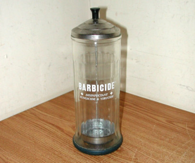 VINTAGE KING RESEARCH BARBICIDE BARBER DISINFECTANT GLASS JAR CONTAINER
