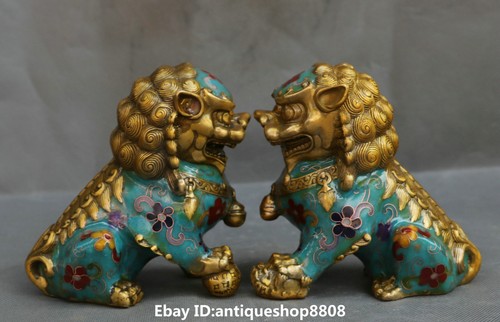 China Cloisonne Enamel Bronze Fengshui Foo Fu Dog Guardion Door Lion Pair Bixie - Picture 2 of 12