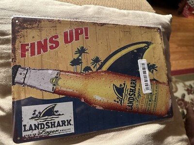  Fins Up  Landshark Premium Lager Quality Beer Vintage Metal Tin 8 x12 