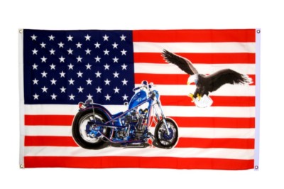 BALKONFLAGGE BALKONFAHNE USA mit Motorrad Flagge Fahne für den BALKON 90x150cm