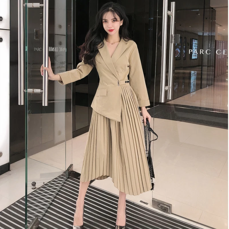 Ladies Korean Style Pleated Long Sleeve Lapel Suit Dress - Women Fashion  Dresses