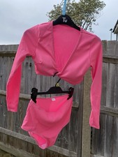Neon Pink Ribbed Long Sleeve Bikini Set Twist Crop Top High Waist UK 6 8