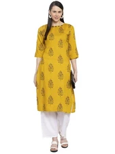 GoSriKi Women's Yellow Pure Cotton Straight Kurta with Plazzo (Luna Yellow)