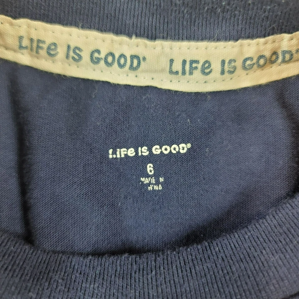 Футболка Life is Good, детская 6, однотонная синяя с желтой графикой Lucky Dog, б/у в отличном состоянии - Изображение 4 из 4