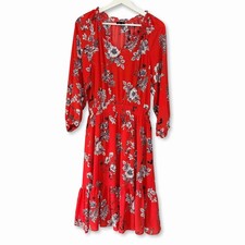 Talbots Red Sketched Floral 3/4 Sleeve Fit & Flare Dress Women's Size Medium