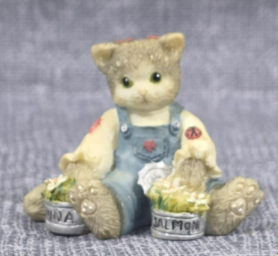 1996 Enesco Calico Kittens #1 Cat In Overalls Tuna Salmon Flowers #204048