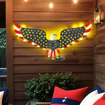 23'' American Eagle Metal Wall Art with Solar Lights Outdoor - 4Th of July Decora