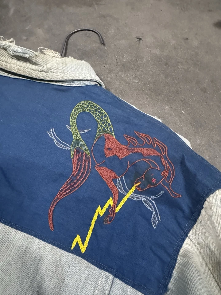 Chaqueta de Jean Demin Vintage Años 60 Cosida con Cadena Desteñida Desgastada Para Hombre Talla L Foto 4 de 4