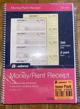 Pack of 5 Adams Money Rent Receipt Books 7-5/8" x 11" Carbonless Two 2 Part