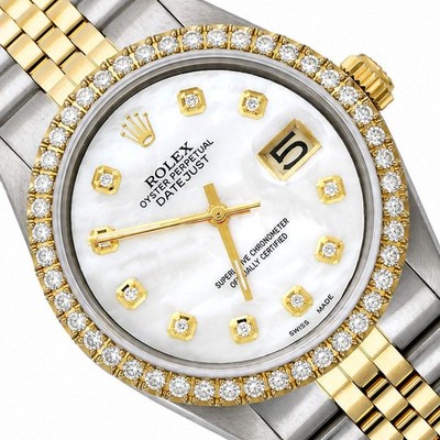 36mm Rolex Datejust 1601 Jubilee White MOP Dial 3.30Ct Diamond Bezel Watch
