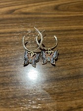 Gold Tone Long Butterfly Rhinestone Earrings