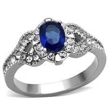 Women's Ring, Blue CZ, Stainless Steel, Halo, Oval Ring, Sparkling Ring