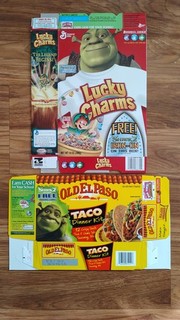 Vintage Food Packaging SHREK 2 Cereal Box T Shirt Iron On & Taco Uncut Cards '04
