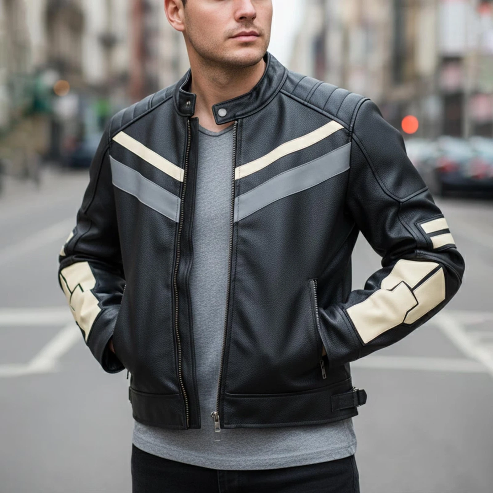 Men’s Black Real Leather Biker Jacket Retro Cafe Racer Striped Motorcycle Style