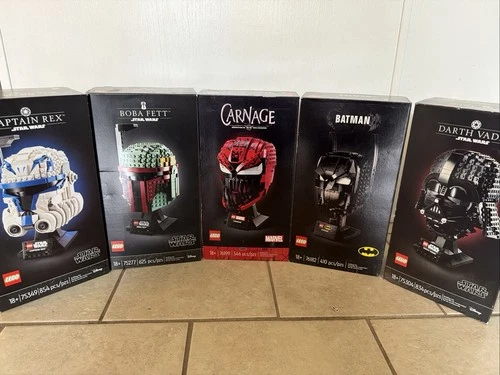 Retired LEGO Helmet Collection Sets Batman, Darth Vader, Carnage, Boba Fett, Rex