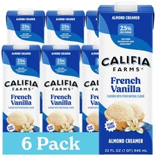 Califia Farms - French Vanilla Almond Milk Coffee Creamer 32 Oz Pack of 6 She...