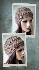 handmade crochet womans button hat beanie mushroom brown puffs new