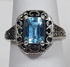 Vintage Designer Sterling Silver Emerald-Cut Blue Topaz Filigree Ring Size: 6.5