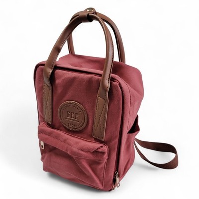 Coral Red Canvas Mini Backpack with Brown Faux Leather Handles