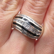925 Sterling Silver Black Enamel White C Z Wavy Ring Size 8