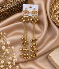 Long Gold Tone Kashmiri Earrings Clear Stone Bell Tassel Drop Dangle Jewelry New